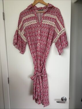 Boho Red Floral Button-Front Midi Dress with Lace Trim